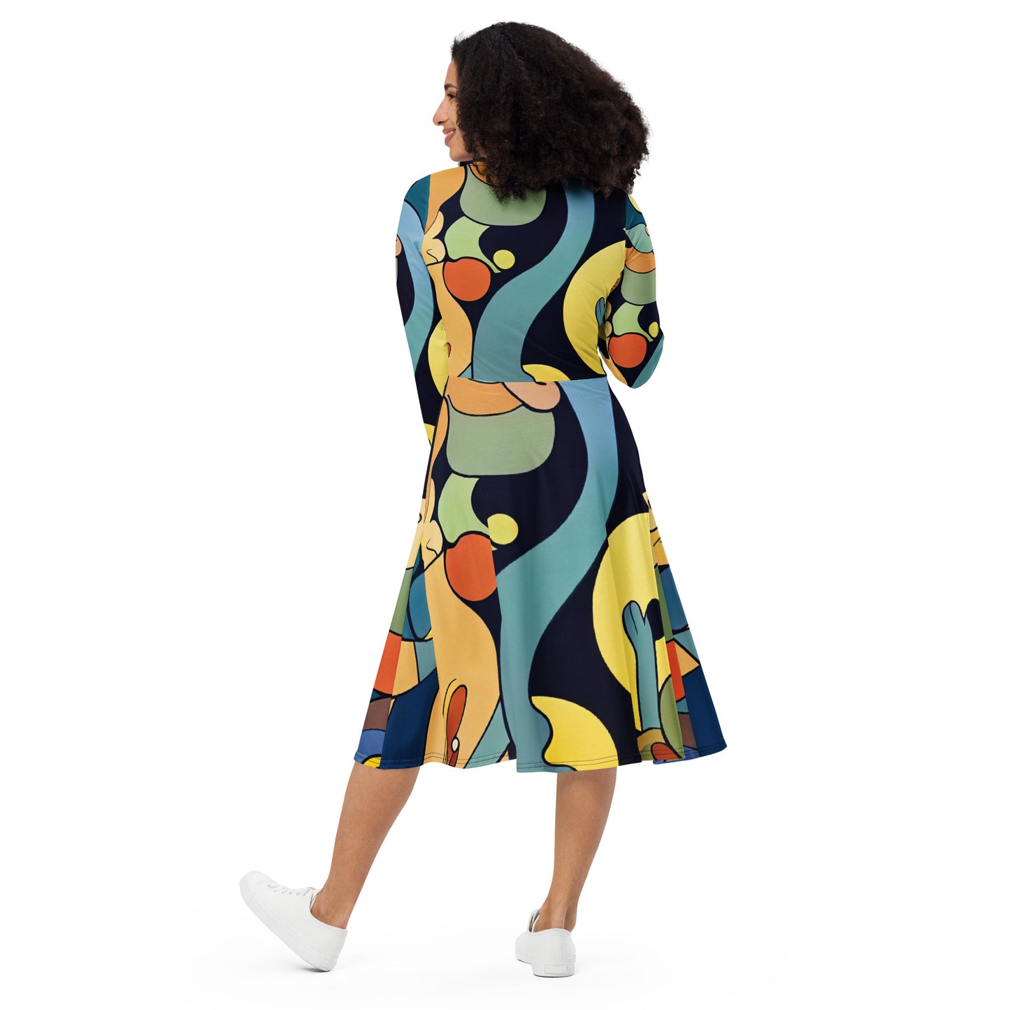 DMV 0242 Retro Art All-over print long sleeve midi dress