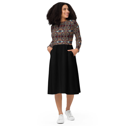 DMV 0007 Conceptual Artsy All-over print long sleeve midi dress