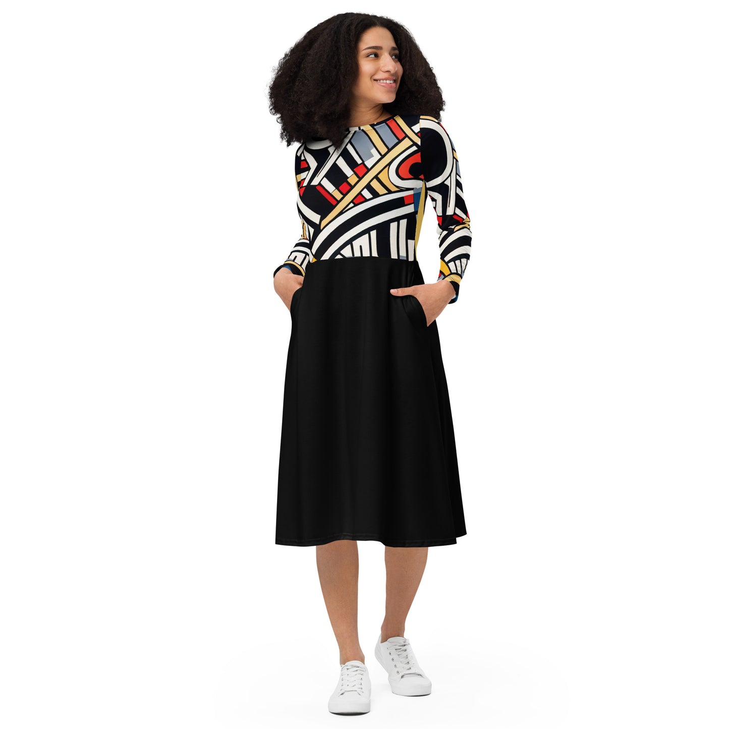 DMV 0001 Boho All-over print long sleeve midi dress