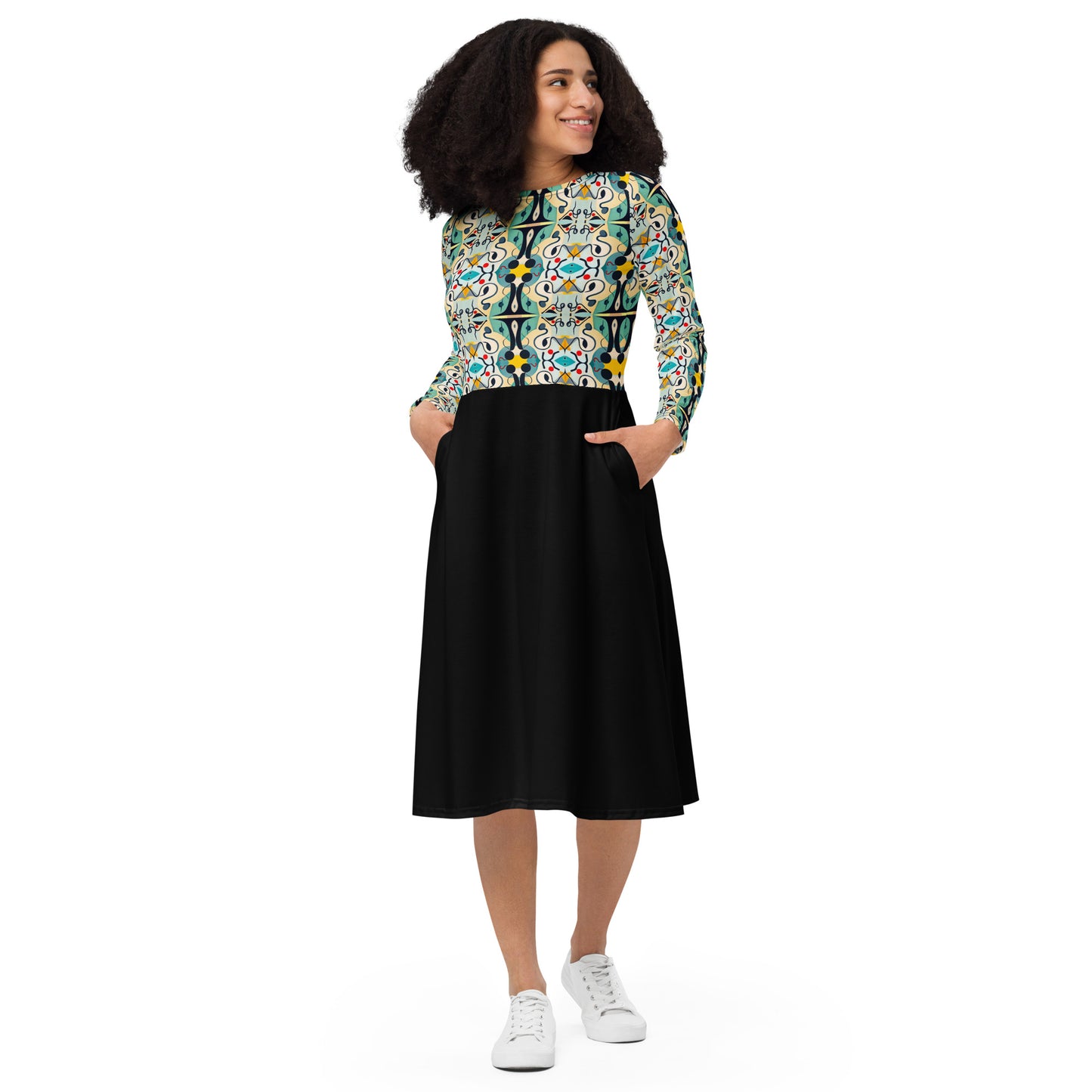 DMV 0076 Vintage Artsy All-over print long sleeve midi dress