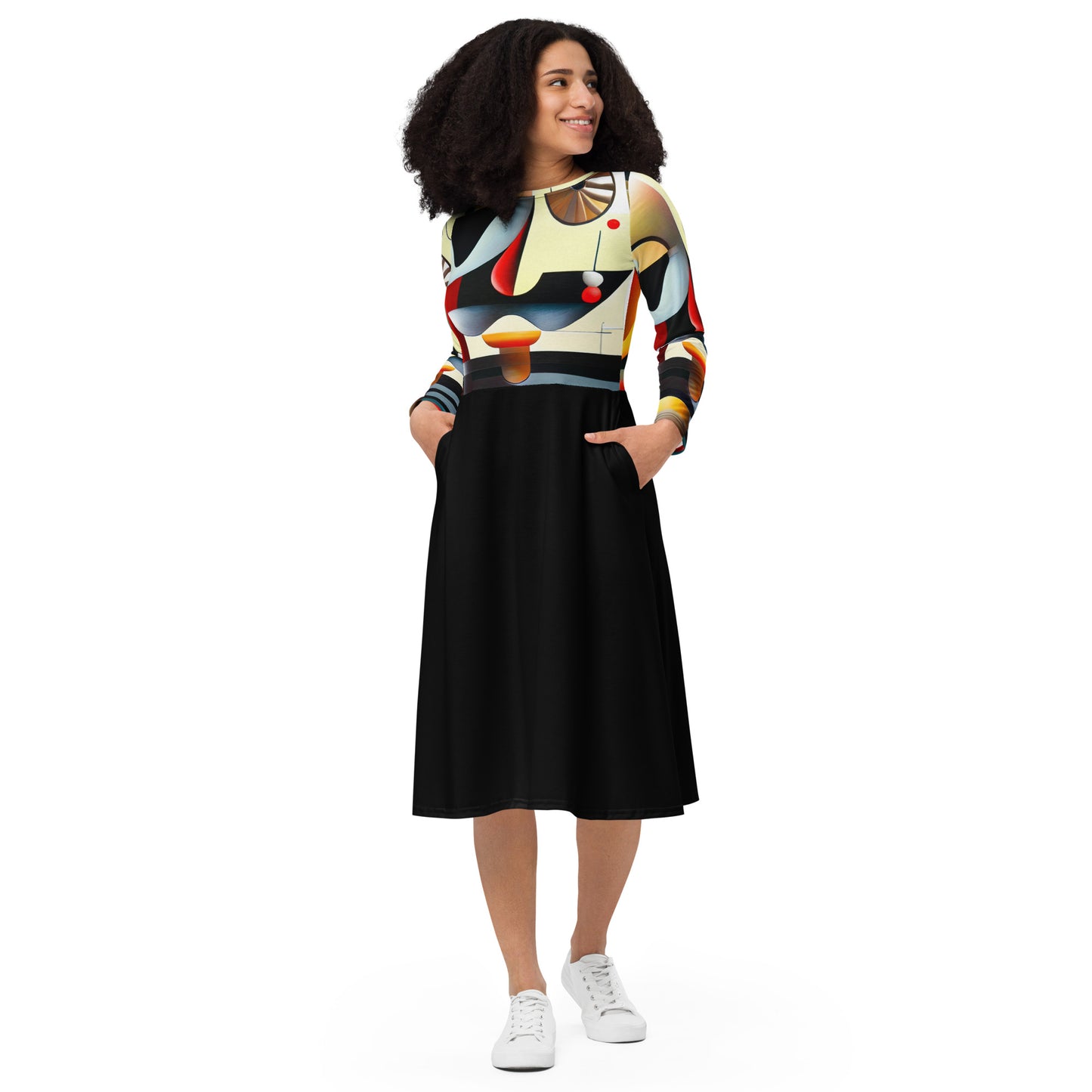 DMV 0022 Retro Art All-over print long sleeve midi dress