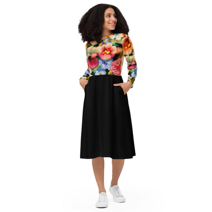 DMV 0088 Floral All-over print long sleeve midi dress