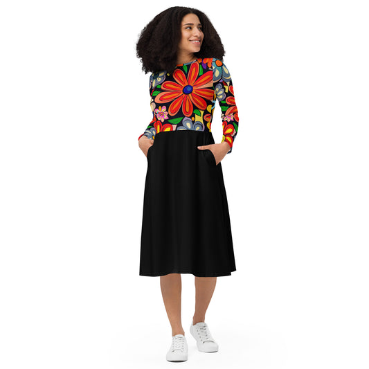 DMV 0018 Floral All-over print long sleeve midi dress