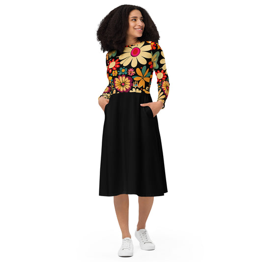 DMV 0101 Floral All-over print long sleeve midi dress