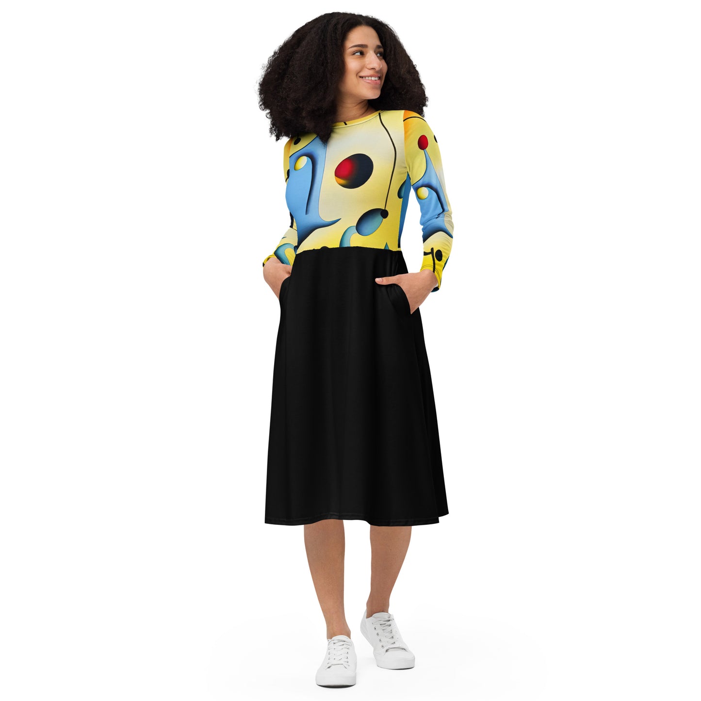 DMV 0098 Retro Art All-over print long sleeve midi dress