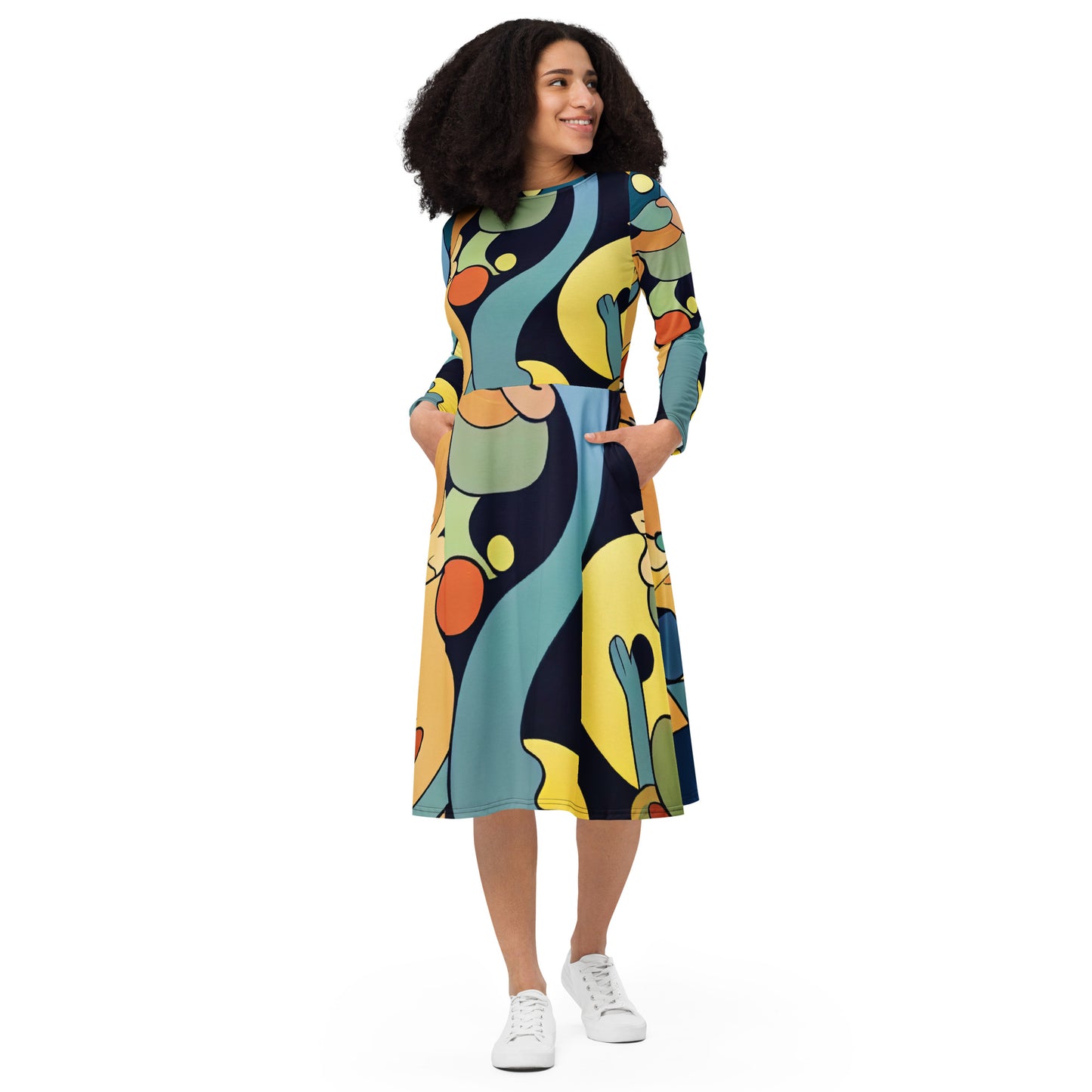 DMV 0242 Retro Art All-over print long sleeve midi dress