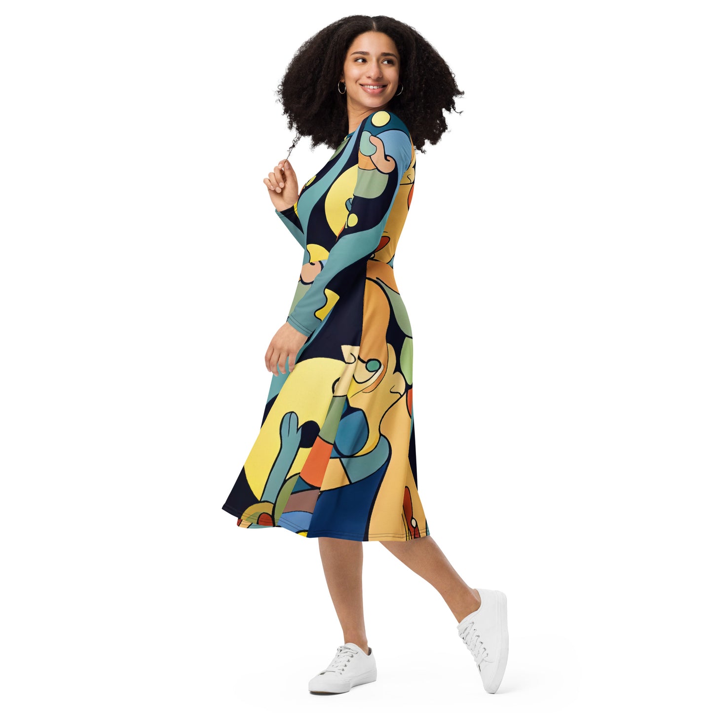 DMV 0242 Retro Art All-over print long sleeve midi dress