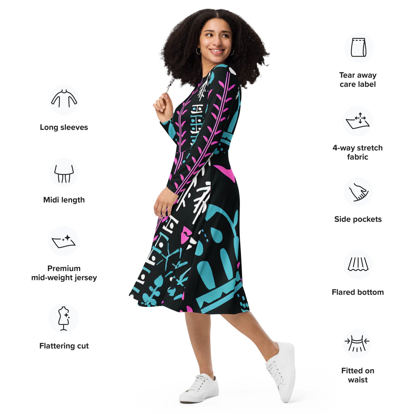 DMV 0122 Boho All-over print long sleeve midi dress