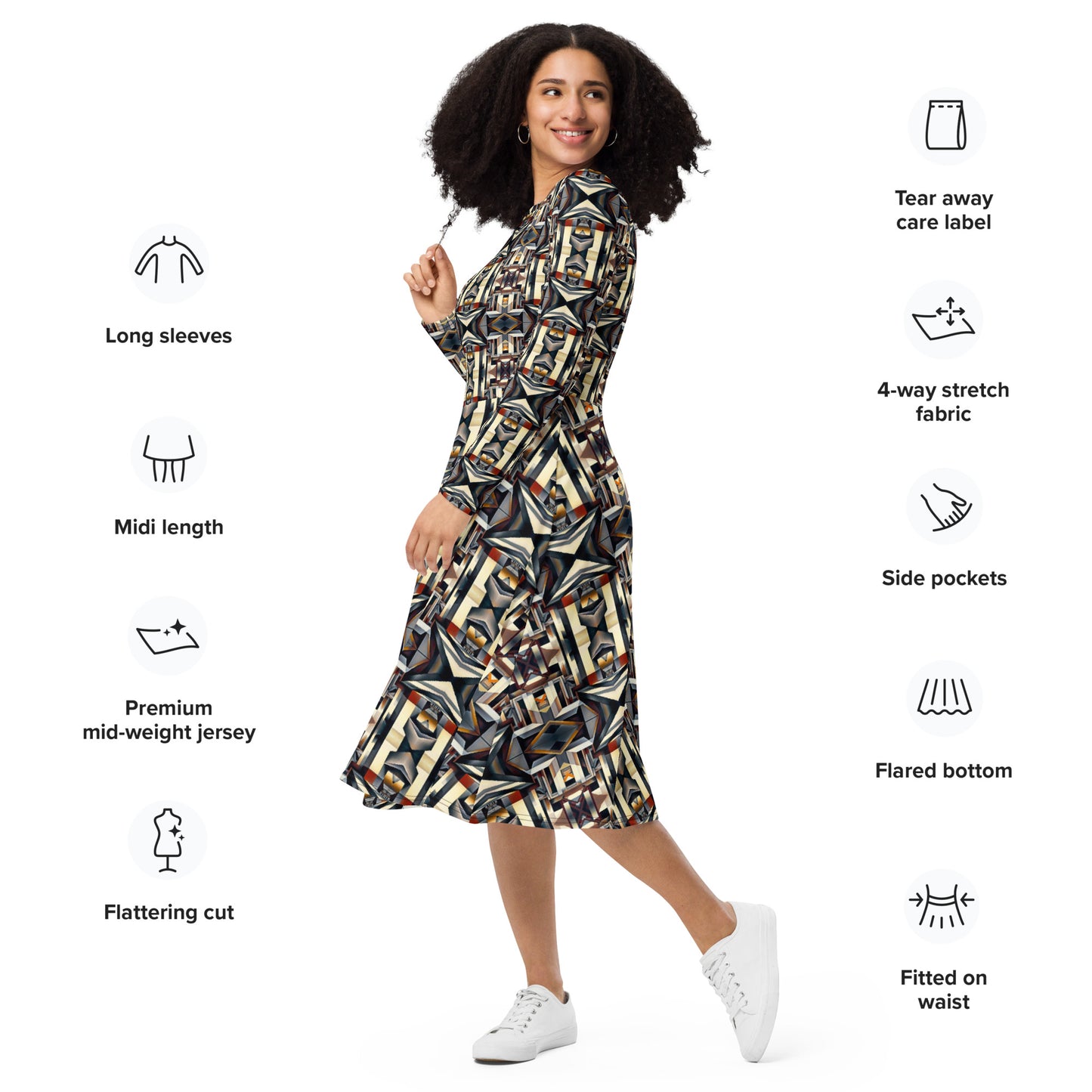 DMV 0133 Conceptual Artsy All-over print long sleeve midi dress