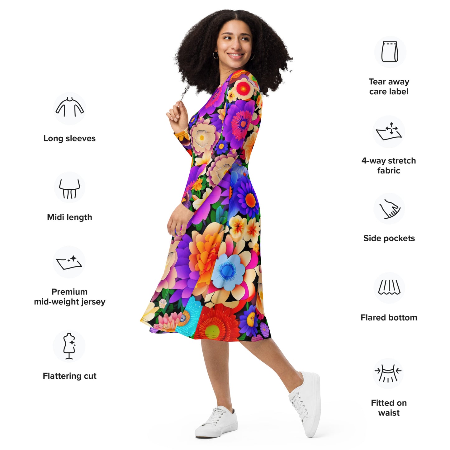 DMV 0309 Floral All-over print long sleeve midi dress