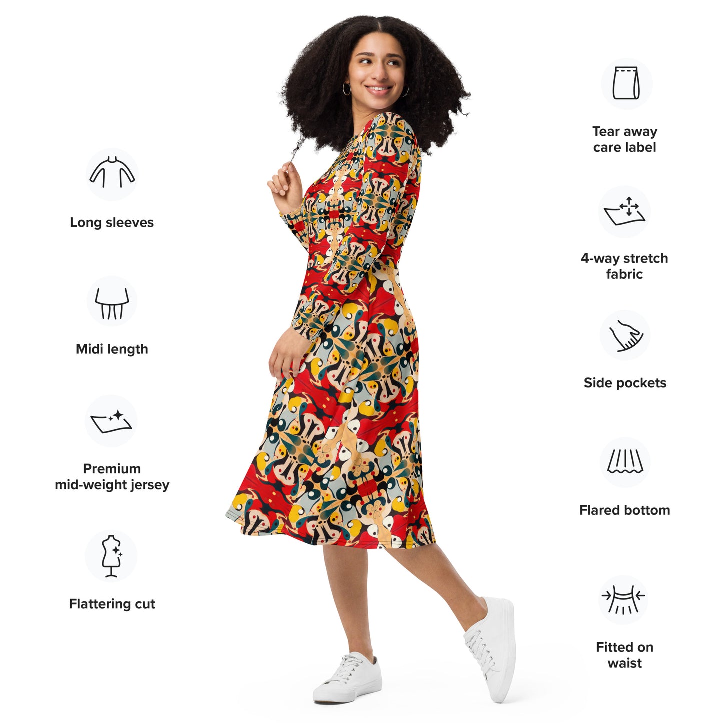 DMV 0203 Vintage Artsy All-over print long sleeve midi dress