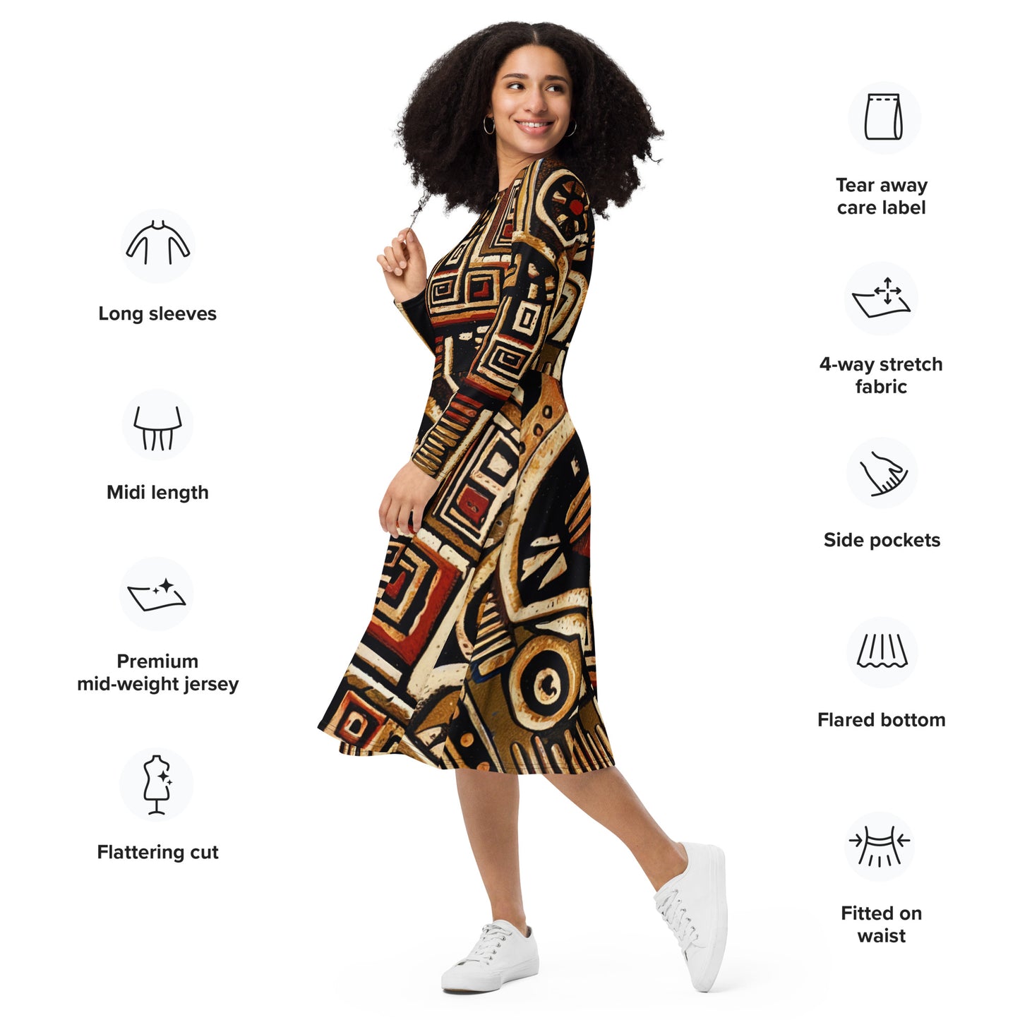 DMV 1521 Retro Art All-over print long sleeve midi dress