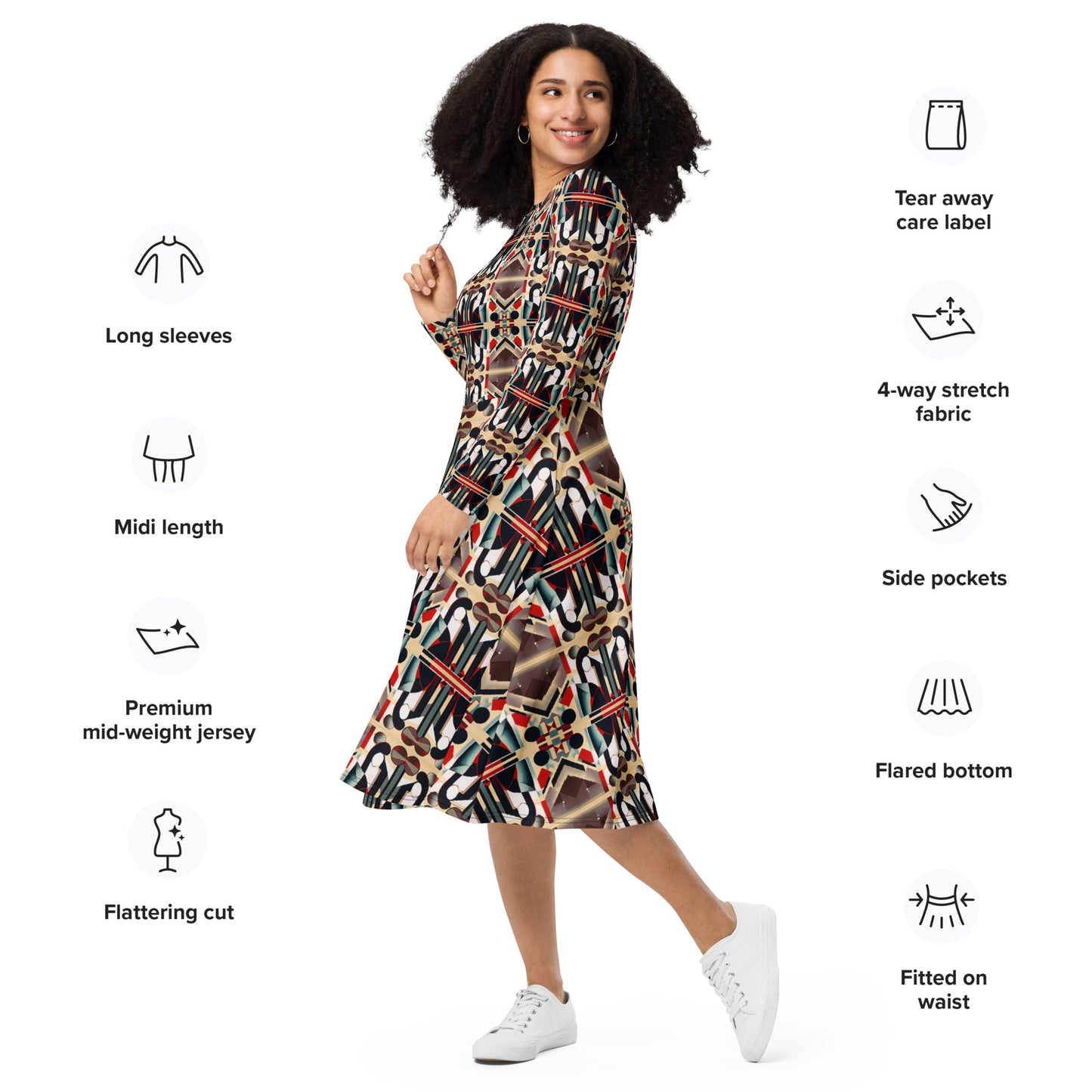 DMV 2064 Vintage Artsy All-over print long sleeve midi dress