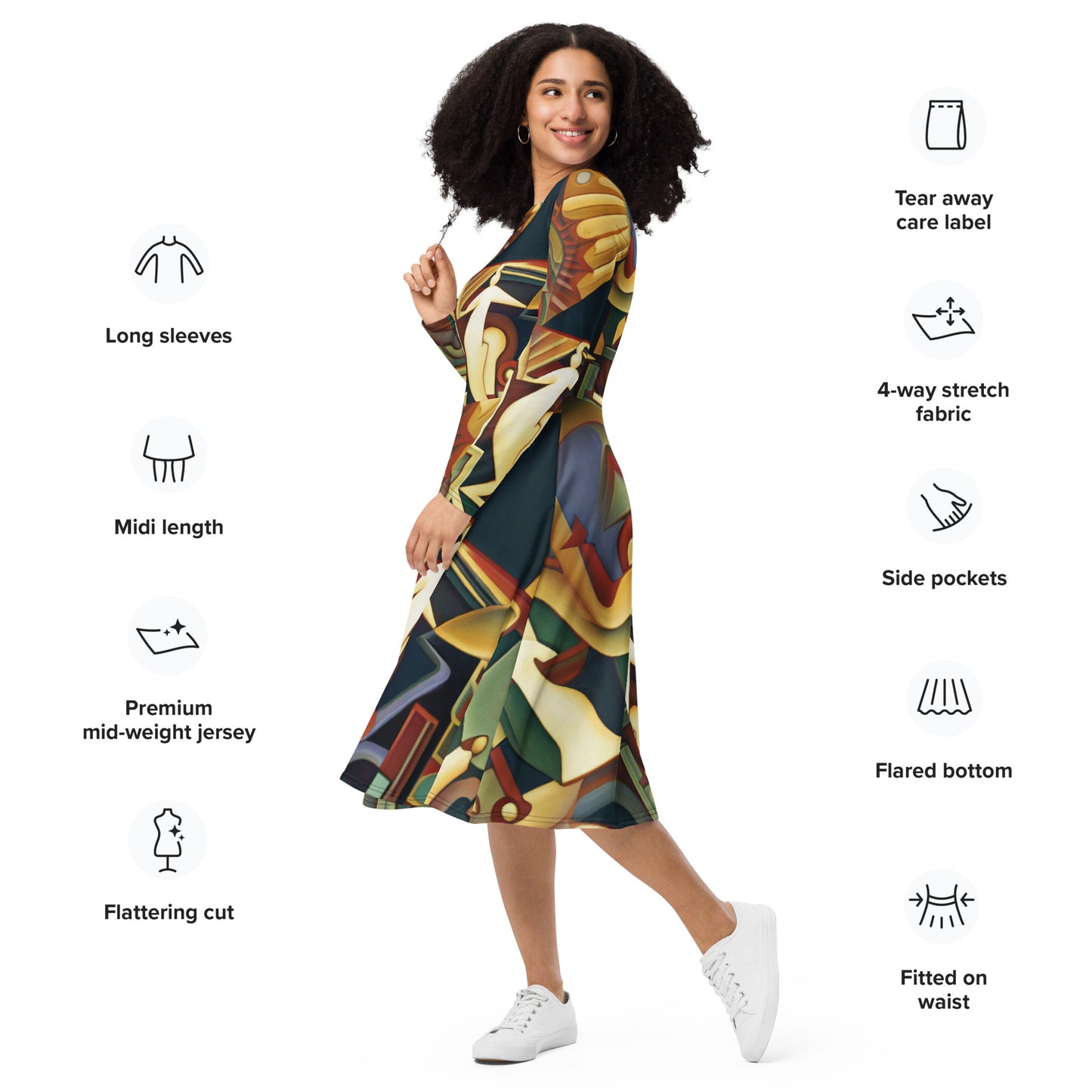 DMV 1133 Retro Art All-over print long sleeve midi dress