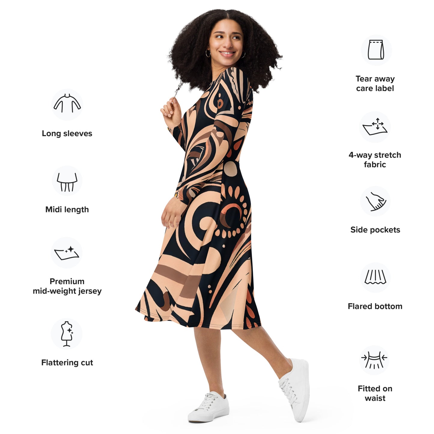 DMV 0450 Boho All-over print long sleeve midi dress