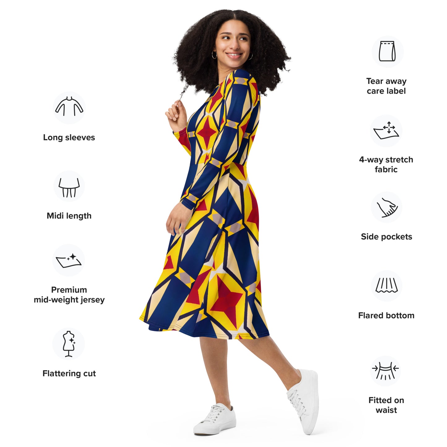 DMV 1615 Classic Boho All-over print long sleeve midi dress