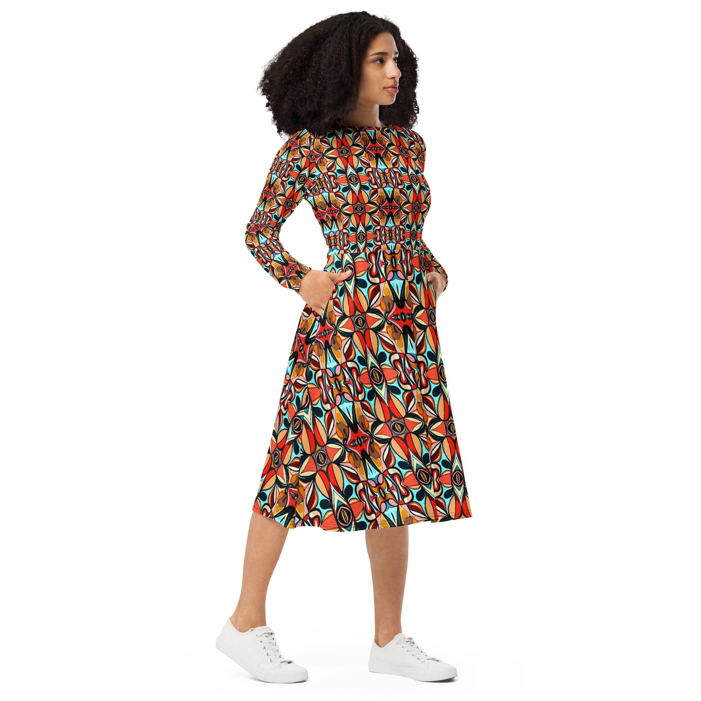 DMV 0210 Vintage Artsy All-over print long sleeve midi dress