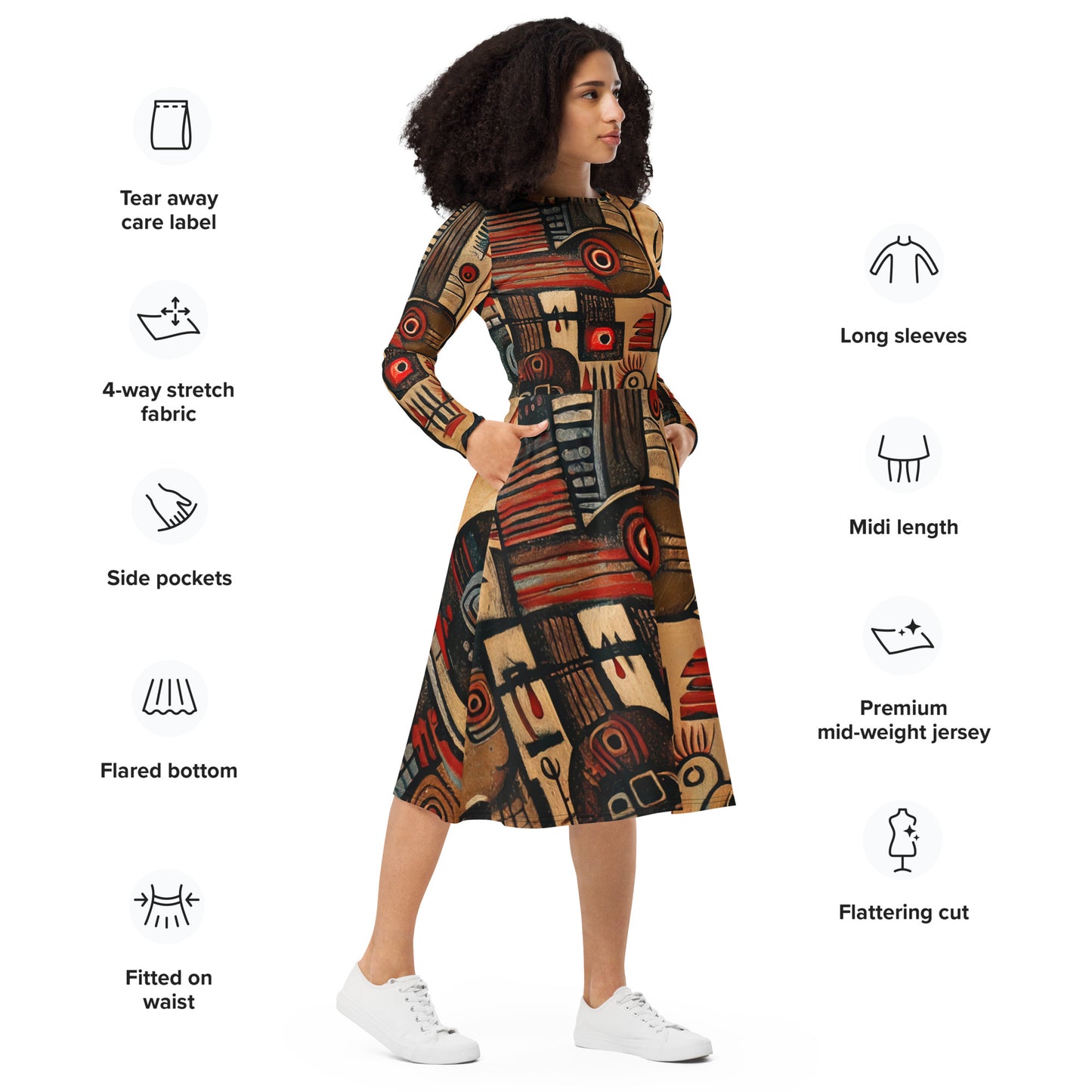 DMV 0256 Retro Art All-over print long sleeve midi dress