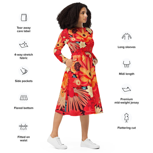 DMV 0105 Floral All-over print long sleeve midi dress