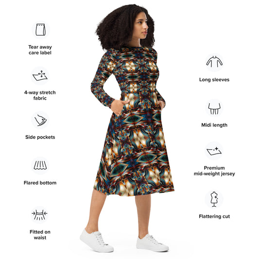 DMV 0127 Conceptual Artsy All-over print long sleeve midi dress