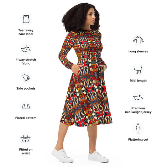 DMV 0208 Chic Boho All-over print long sleeve midi dress