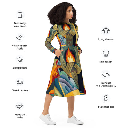 DMV 0237 Retro Art All-over print long sleeve midi dress