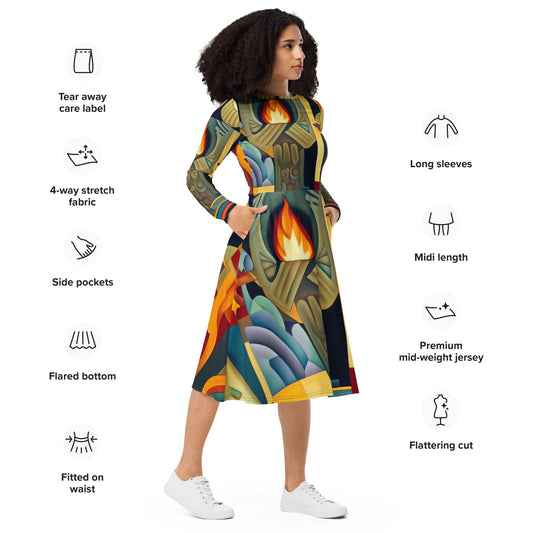 DMV 0237 Retro Art All-over print long sleeve midi dress