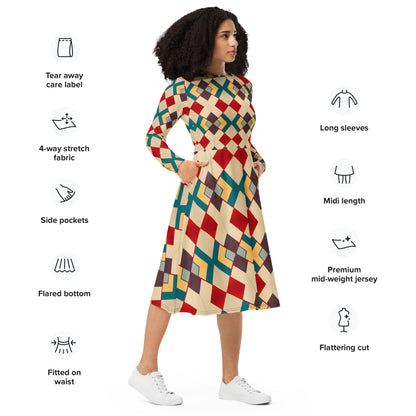 DMV 0129 Classic Boho All-over print long sleeve midi dress