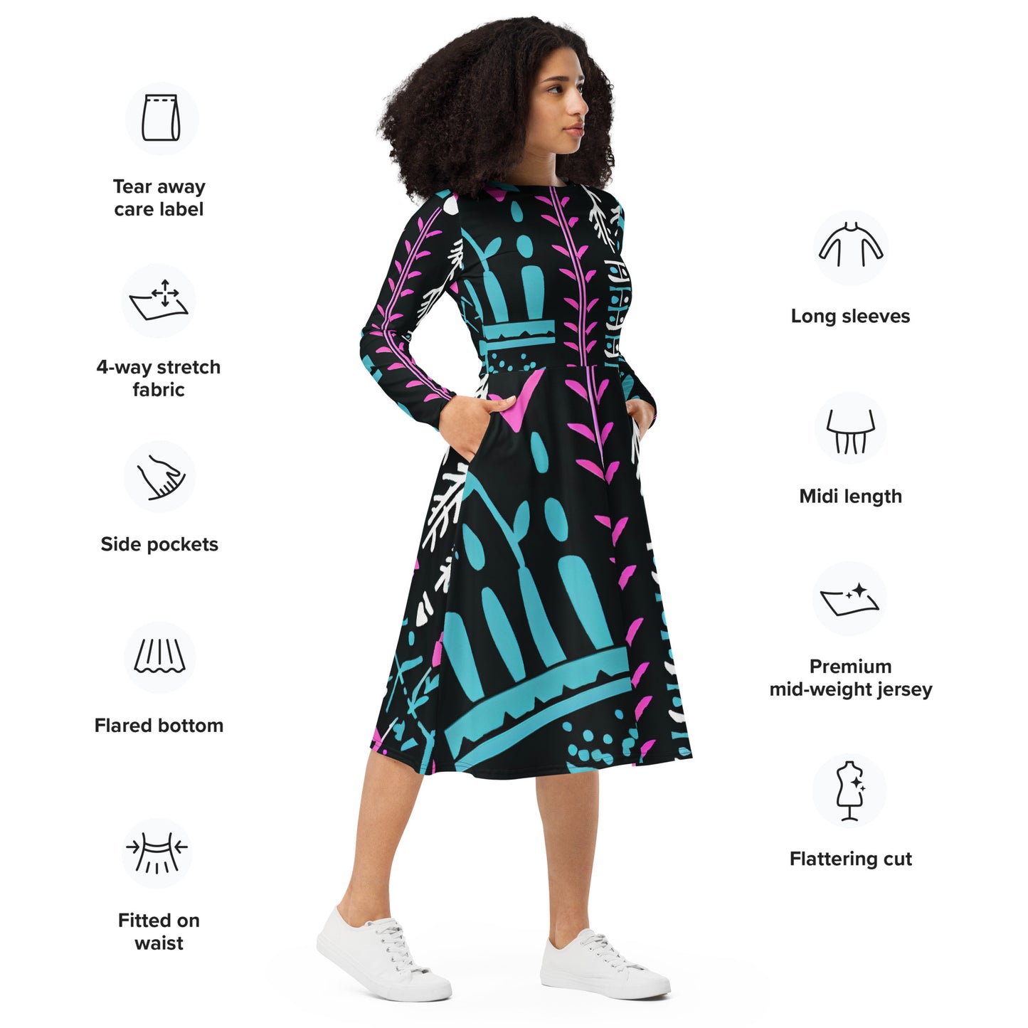 DMV 0122 Boho All-over print long sleeve midi dress