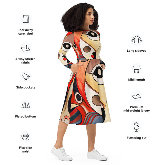 DMV 0214 Retro Art All-over print long sleeve midi dress