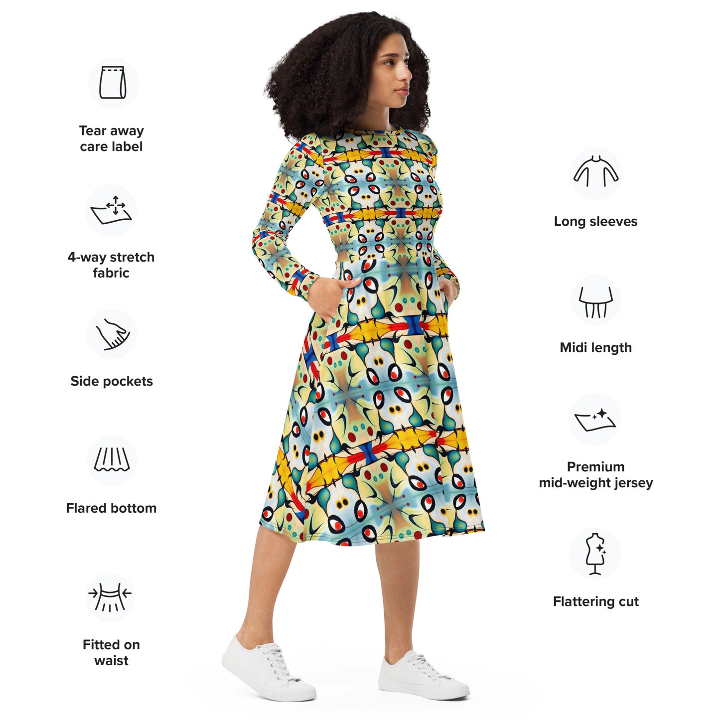 DMV 0102 Vintage Artsy All-over print long sleeve midi dress