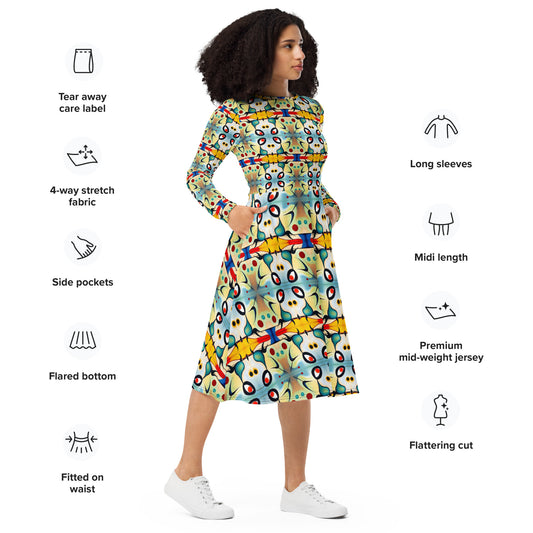 DMV 0102 Vintage Artsy All-over print long sleeve midi dress