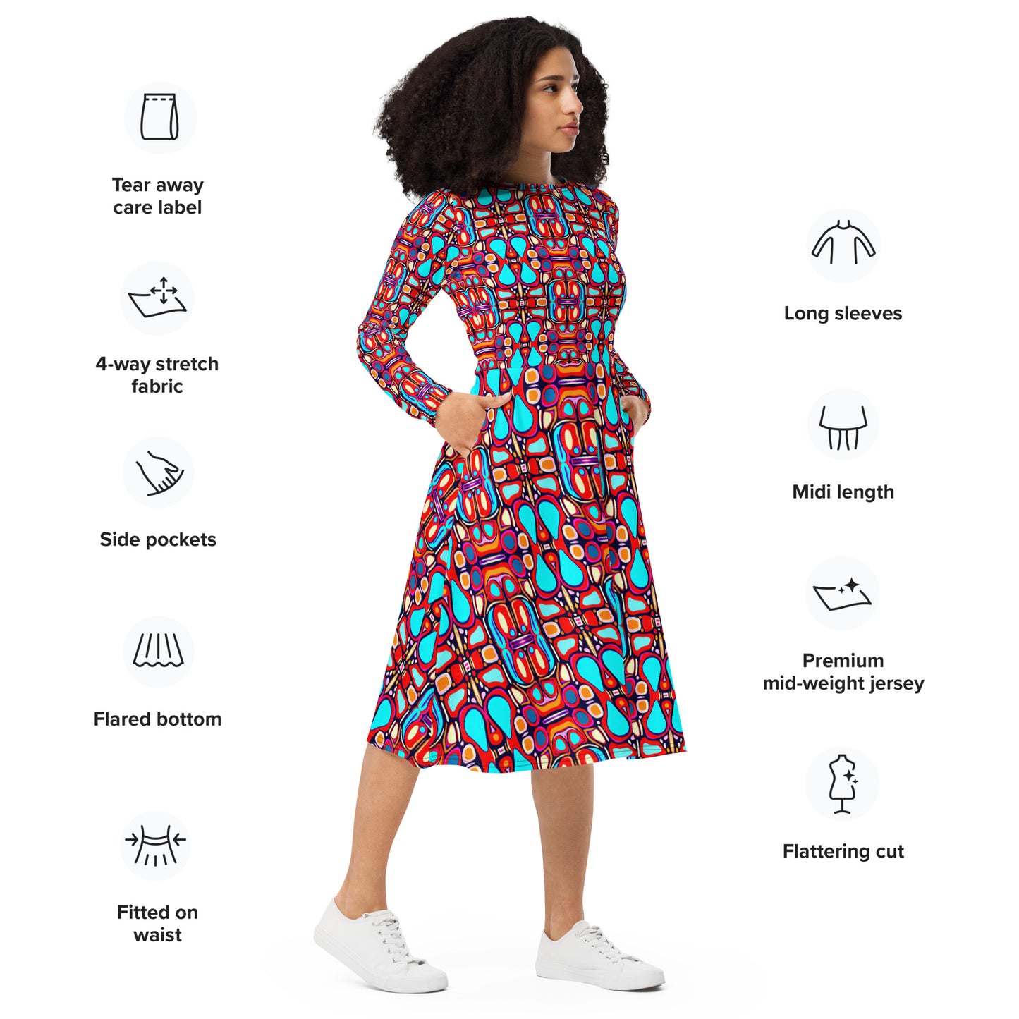 DMV 0094 Vintage Artsy All-over print long sleeve midi dress