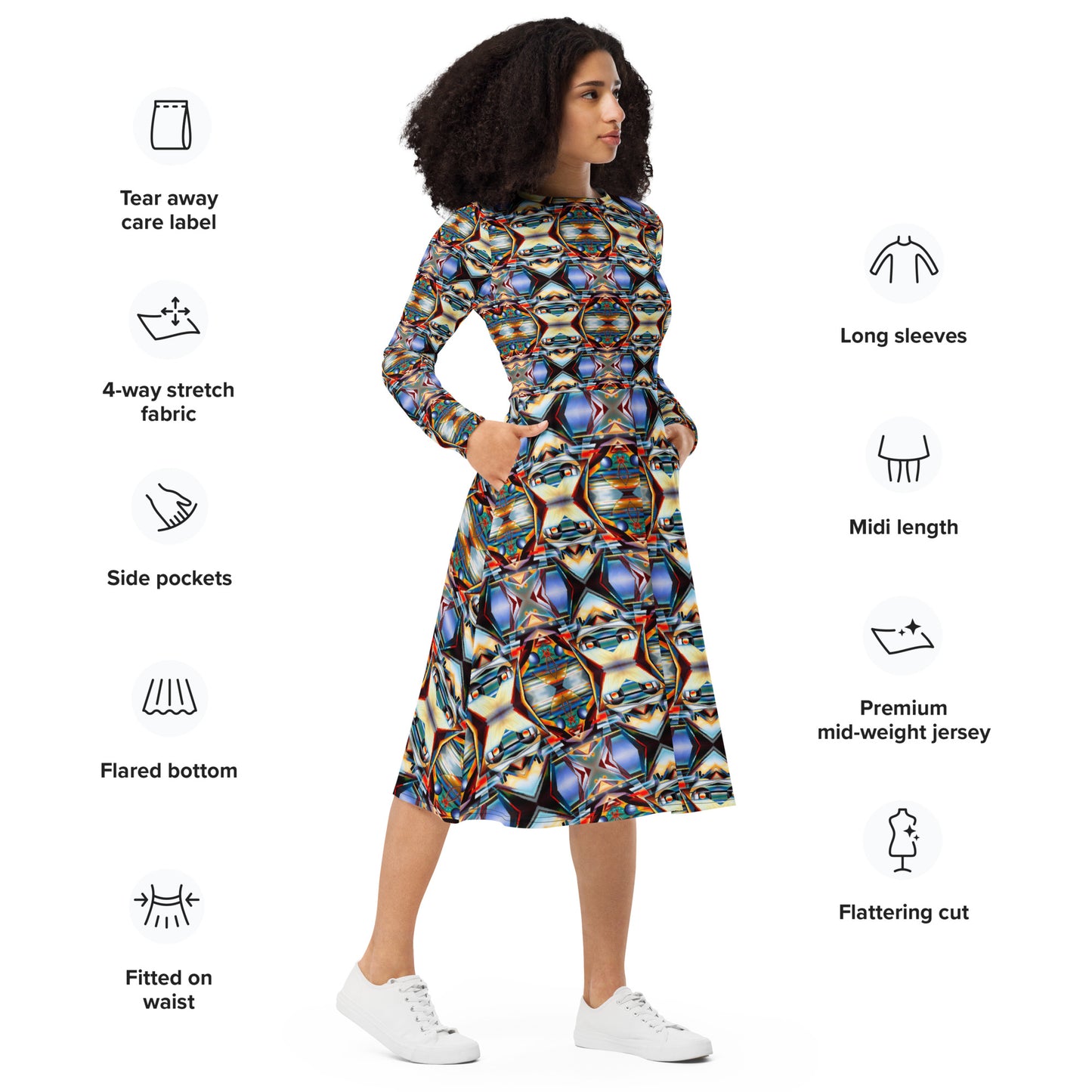 DMV 0221 Conceptual Artsy All-over print long sleeve midi dress