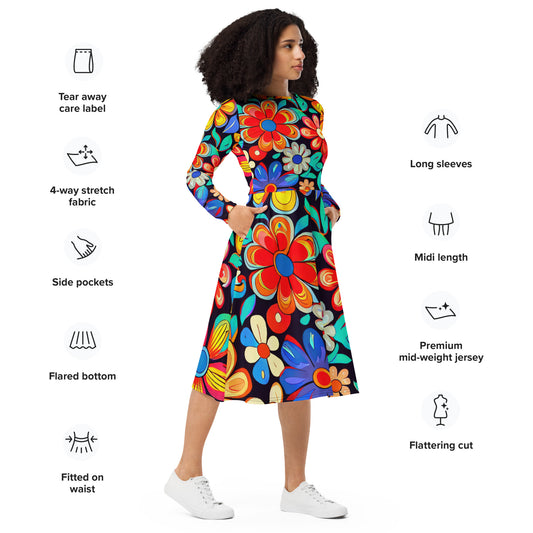 DMV 0257 Floral All-over print long sleeve midi dress