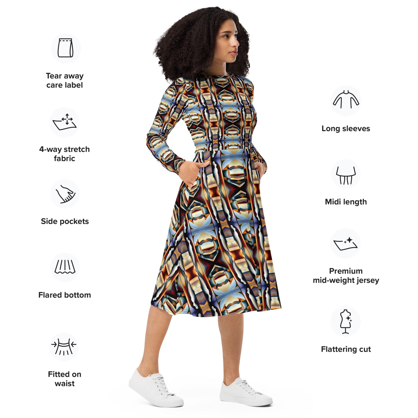 DMV 0104 Conceptual Artsy All-over print long sleeve midi dress