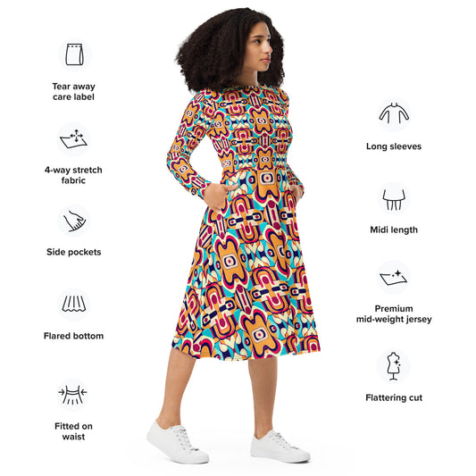 DMV 0160 Vintage Artsy All-over print long sleeve midi dress