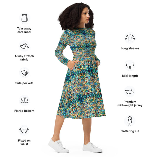 DMV 0254 Chic Boho All-over print long sleeve midi dress