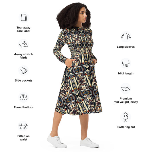 DMV 0133 Conceptual Artsy All-over print long sleeve midi dress