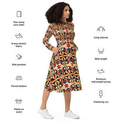 DMV 0148 Vintage Artsy All-over print long sleeve midi dress