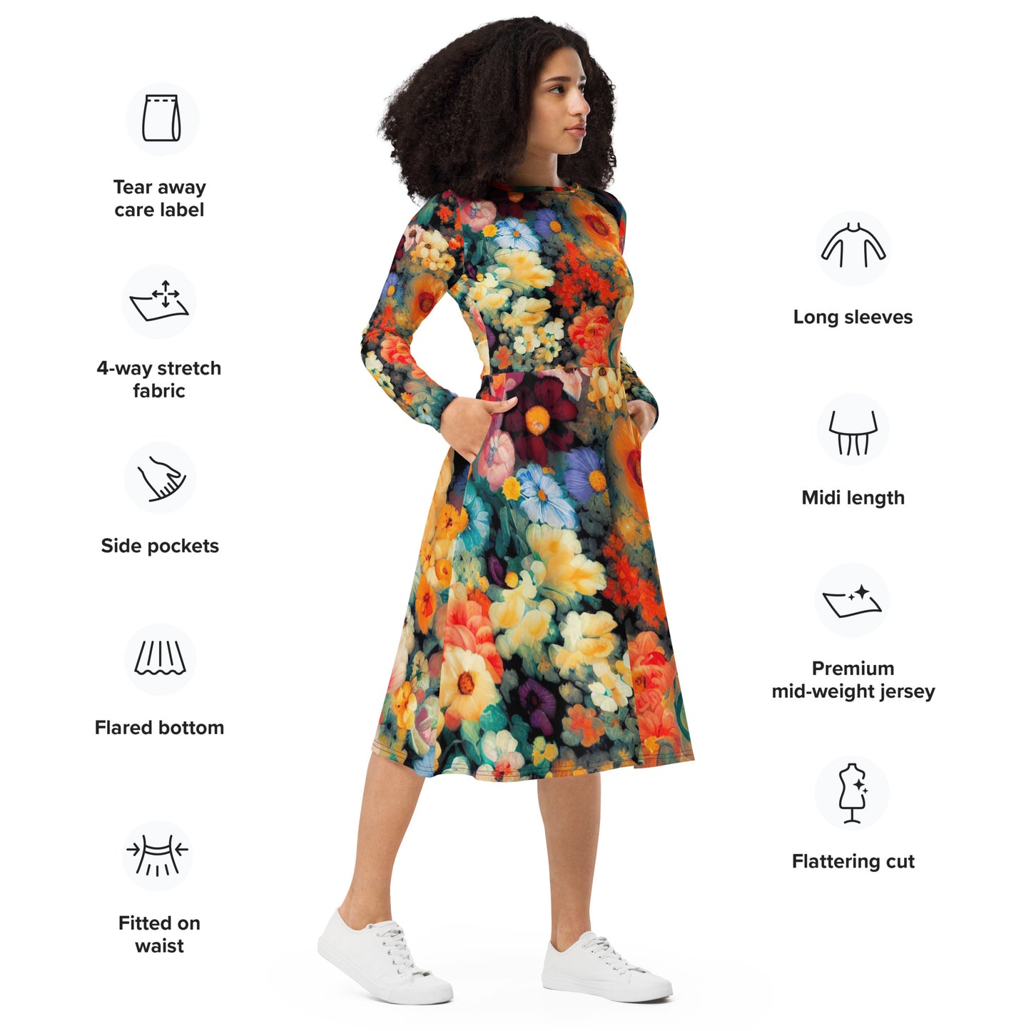 DMV 0150 Floral All-over print long sleeve midi dress