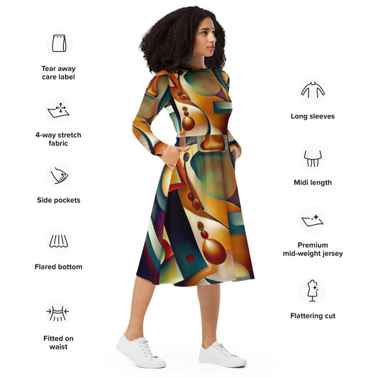 DMV 0143 Retro Art All-over print long sleeve midi dress