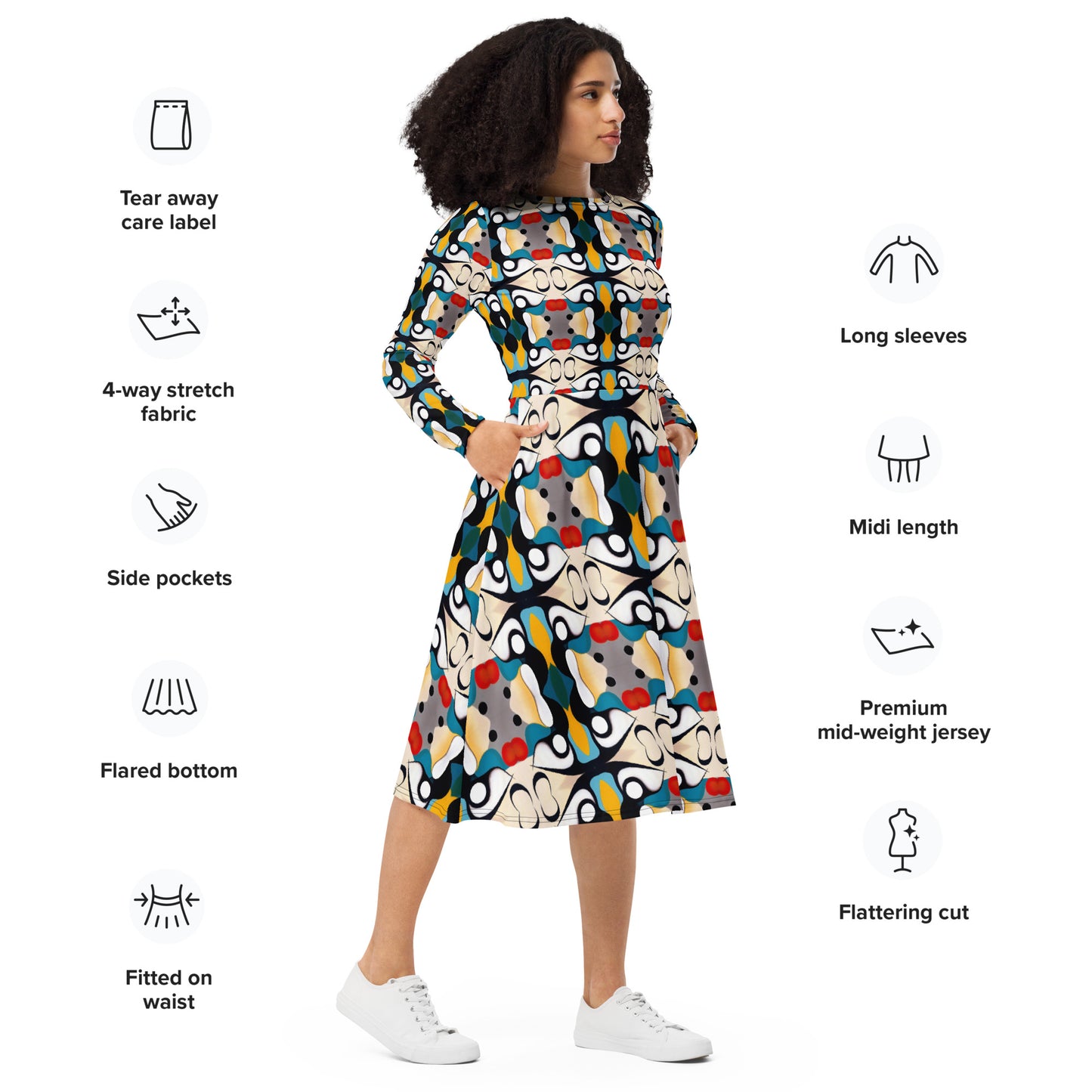 DMV 0139 Vintage Artsy All-over print long sleeve midi dress