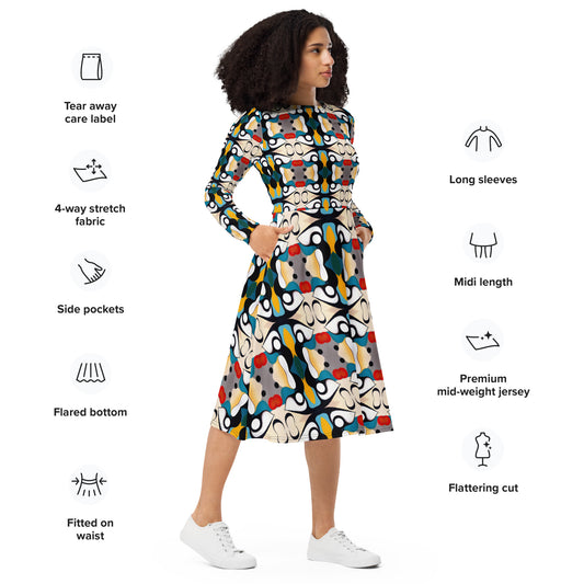 DMV 0139 Vintage Artsy All-over print long sleeve midi dress