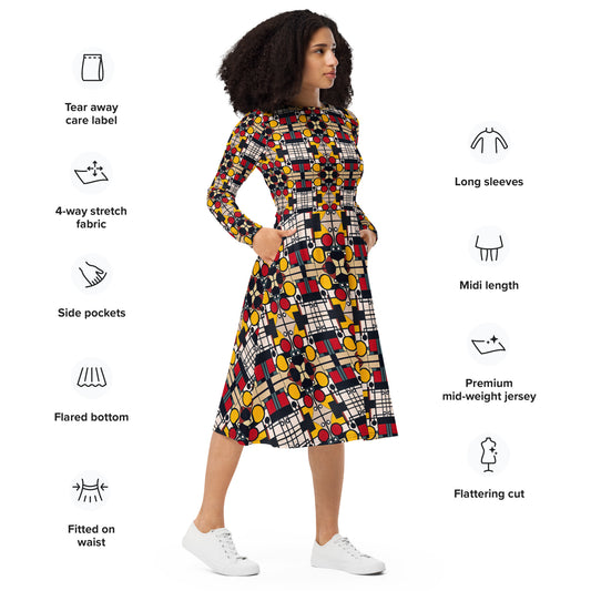 DMV 0142 Geo Boho All-over print long sleeve midi dress