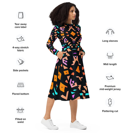 DMV 0147 Boho All-over print long sleeve midi dress