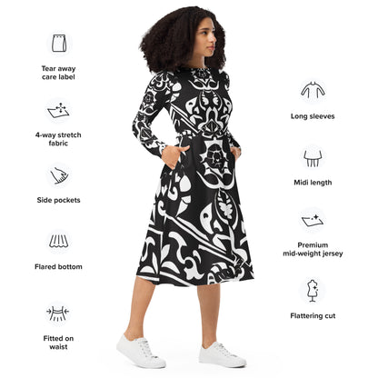 DMV 0140 Boho All-over print long sleeve midi dress