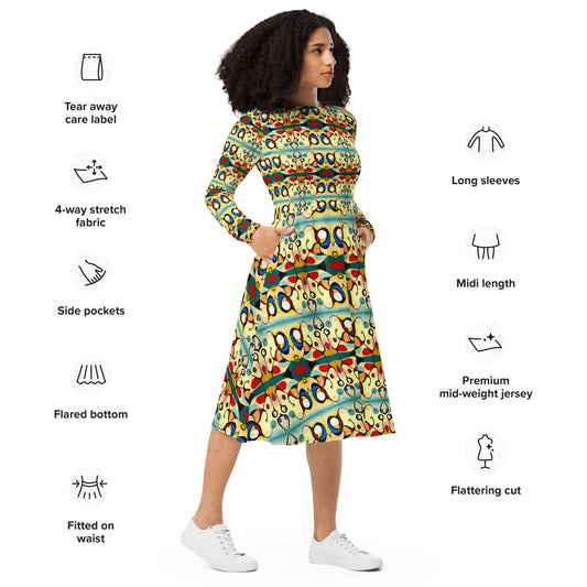 DMV 0405 Vintage Artsy All-over print long sleeve midi dress