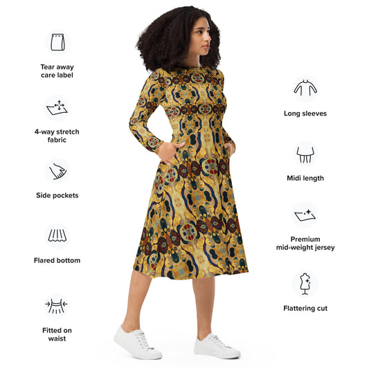 DMV 0407 Chic Boho All-over print long sleeve midi dress