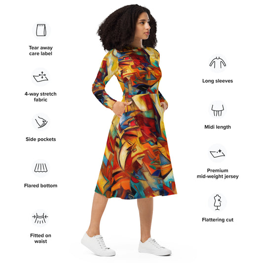 DMV 0416 Abstract Art All-over print long sleeve midi dress